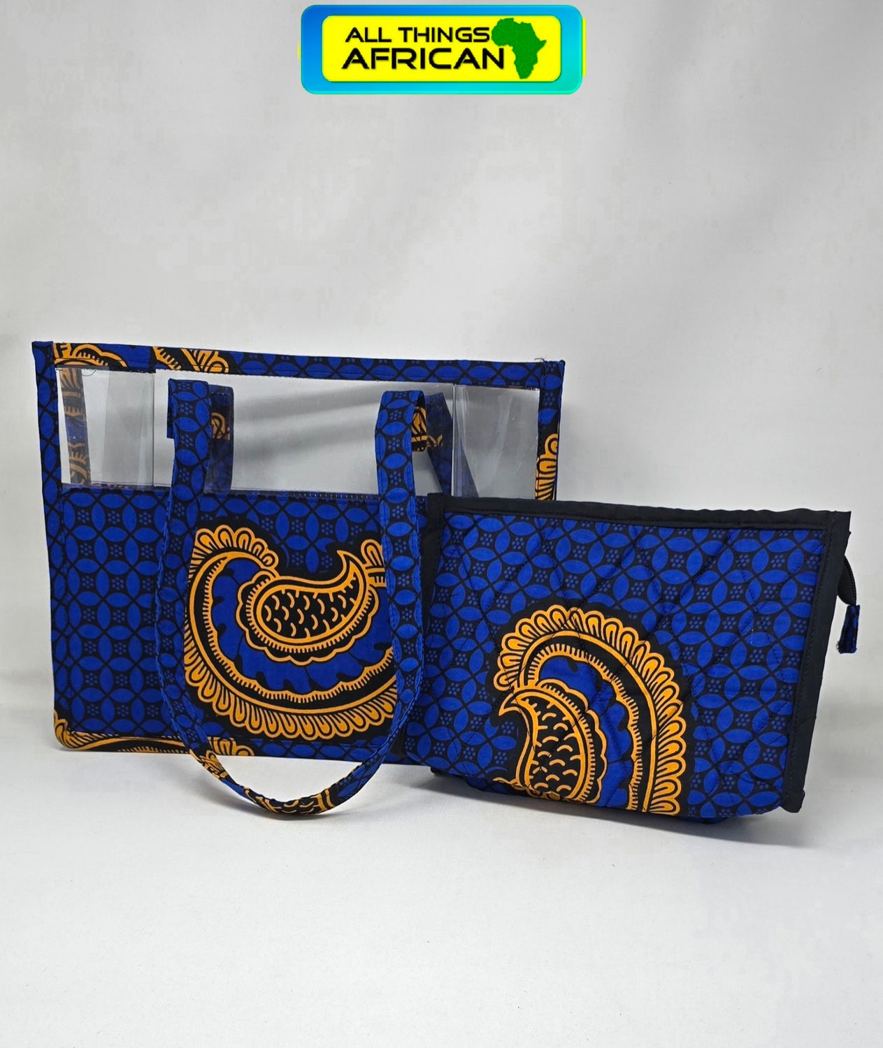Mwajuma Shaibu Handmade 2-in-1 African Print Tote &amp; Clutch Makeup Bag – Blue Ankara Set