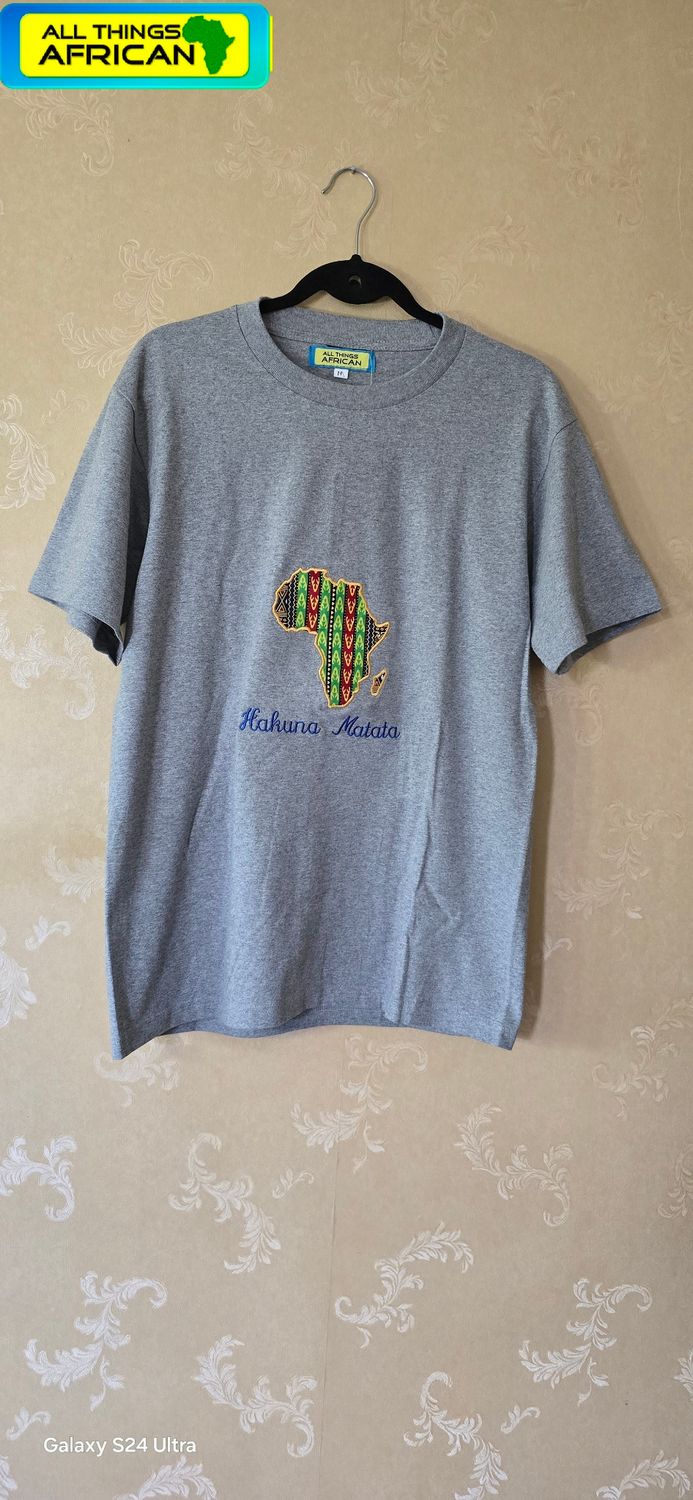 Hakuna Matata Africa Embroidered T-Shirt | African Culture Fashion Tee | All Things African - Grey