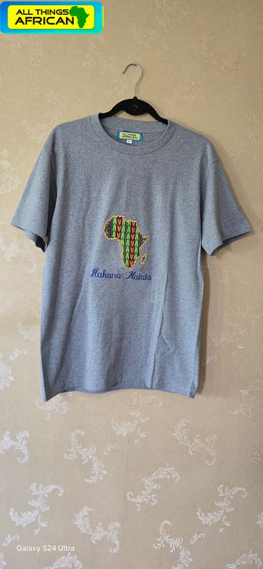 Hakuna Matata Africa Embroidered T-Shirt | African Culture Fashion Tee | All Things African - Grey