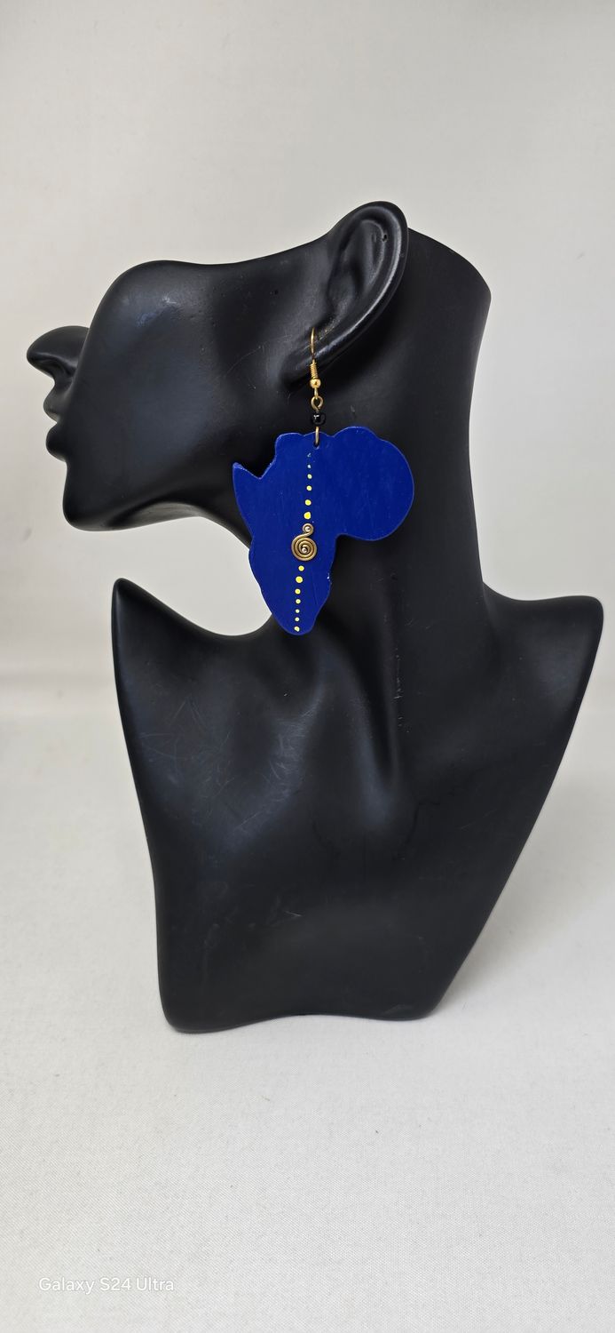 Royal Blue Africa Map Earrings – Handmade African Statement Jewellery | Lightweight Wooden Drop Earrings