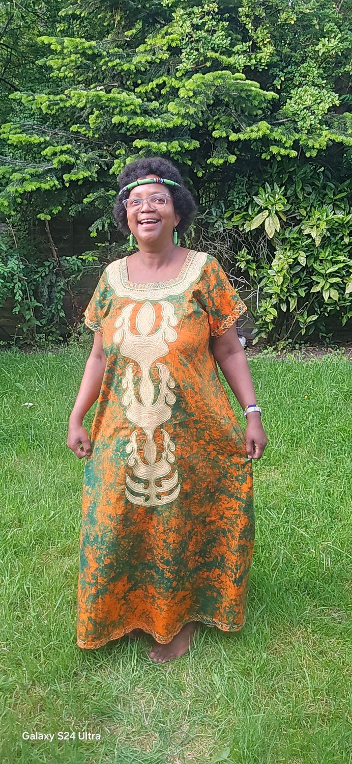 Orange &amp; Green with  Gold Embroidered African Kaftan Dress - Fit size 16/18