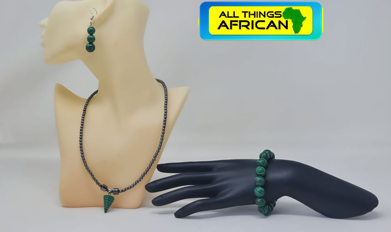 Hematite &amp; Malachite Jewelry Set – Necklace, Bracelet &amp; Earrings – Natural Stone Healing Crystal Set | Handmade Gemstone Jewellery UK