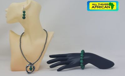 Hematite &amp; Malachite Crystal Jewellery Set  – Gemstone Necklace, Bracelet &amp; Earrings  – Natural Healing Stone Gift Set |  Handmade Style