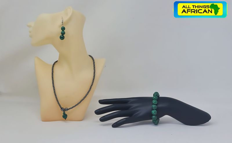 Natural Hematite &amp; Malachite Jewellery Set – Necklace with Pendant, Matching Bracelet &amp; Earrings – Handmade Crystal Gift Set UK