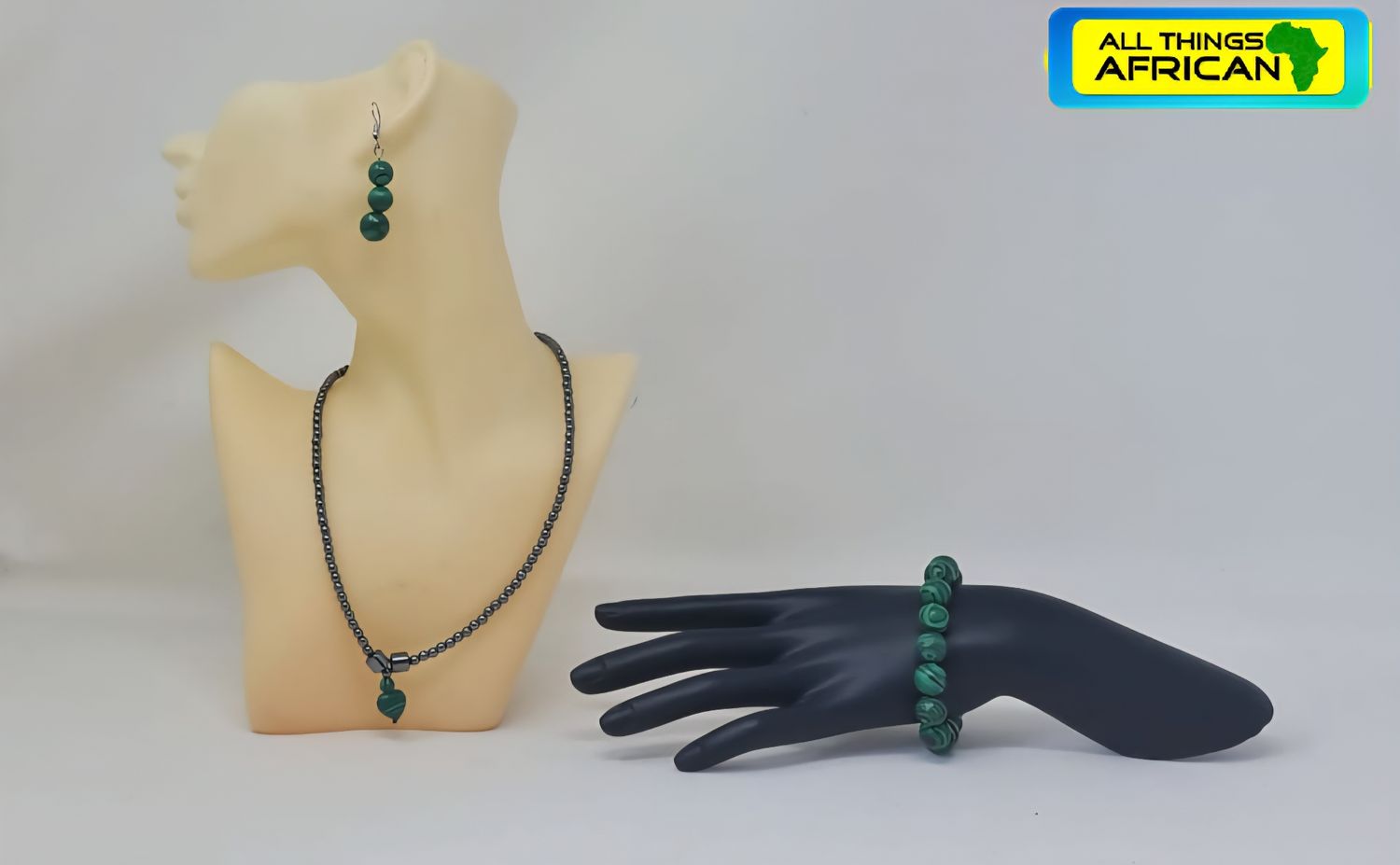 Natural Hematite &amp; Malachite Jewellery Set – Necklace with Pendant, Matching Bracelet &amp; Earrings – Handmade Crystal Gift Set UK