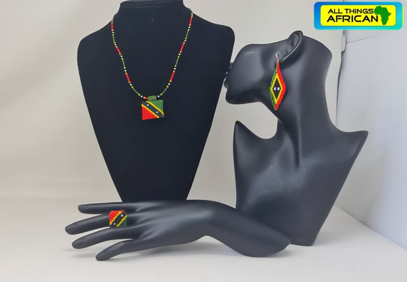 Handmade African Beaded Jewelry Set – Necklace, Earrings &amp; Ring | Custom Colours &amp; Patterns | £25 Full Set UK Postage Included