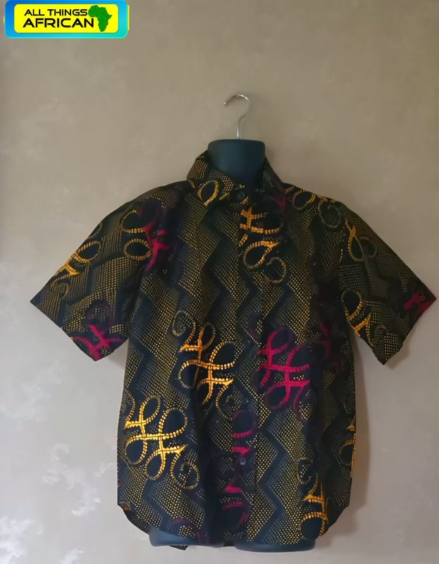 Handcrafted African Symbol Print Shirt – Premium Unisex Statement Wear | Black, Gold &amp; Magenta | Free UK Delivery