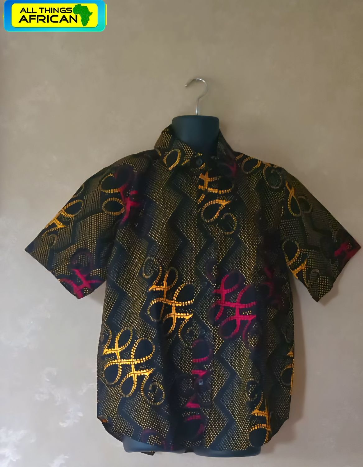 Handcrafted African Symbol Print Shirt – Premium Unisex Statement Wear | Black, Gold &amp; Magenta | Free UK Delivery