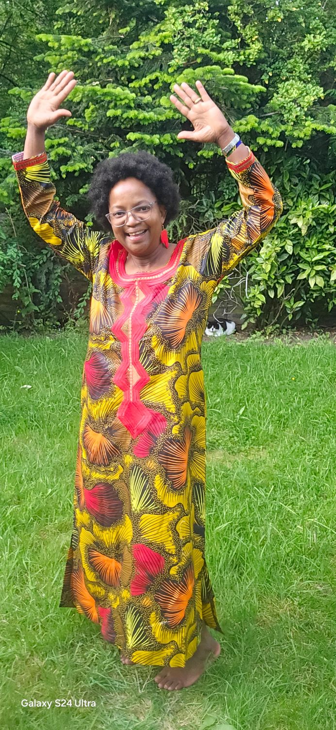 African Print Dress with Red Embroidery – Size 16 | One-Off Designer Piece by Pat Design £75.00 | Size 16 | One of a Kind