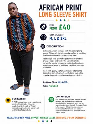 African Print Long Sleeve Shirt Price: From £40 Sizes Available: M, L &amp; 3XL