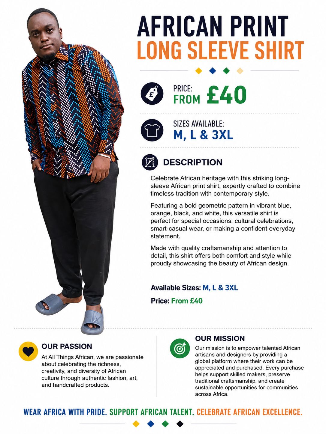 African Print Long Sleeve Shirt Price: From £40 Sizes Available: M, L &amp; 3XL