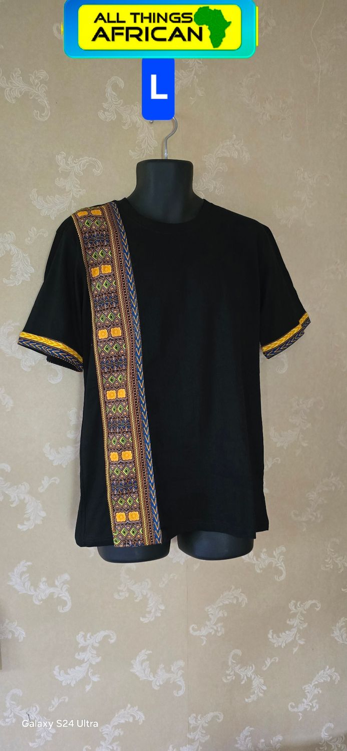 Handmade African Print Men's T-Shirt – Black | L | Ethically Made | Free UK Postage - Kashina