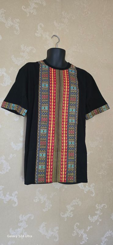 PAT Design Maker African Print Men's T-Shirt – Black Dashiki Style | Handmade | Size 2XL | One-Off | £27