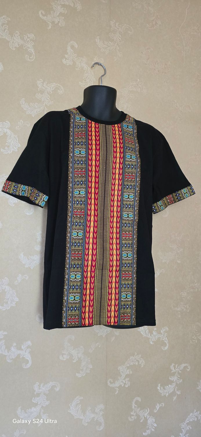 PAT Design Maker African Print Men's T-Shirt – Black Dashiki Style | Handmade | Size 2XL | One-Off | £27