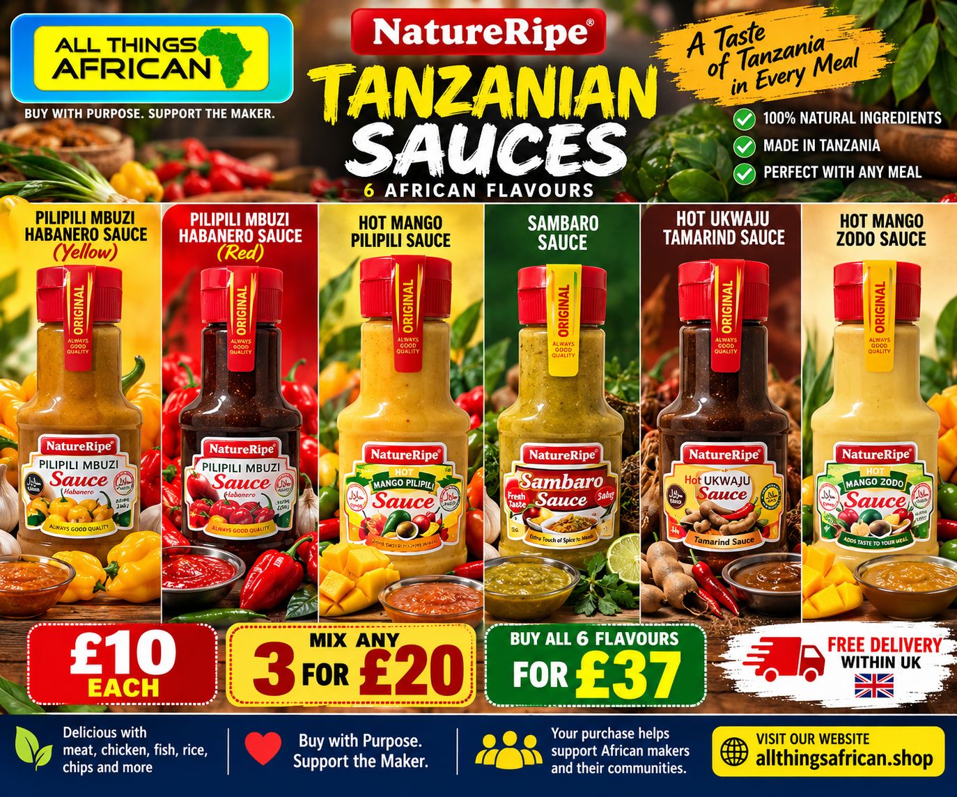 NatureRipe Tanzanian Sauces | 6 African Flavours | Mix Any 3 for £20 or All 6 for £37 - Pilipili