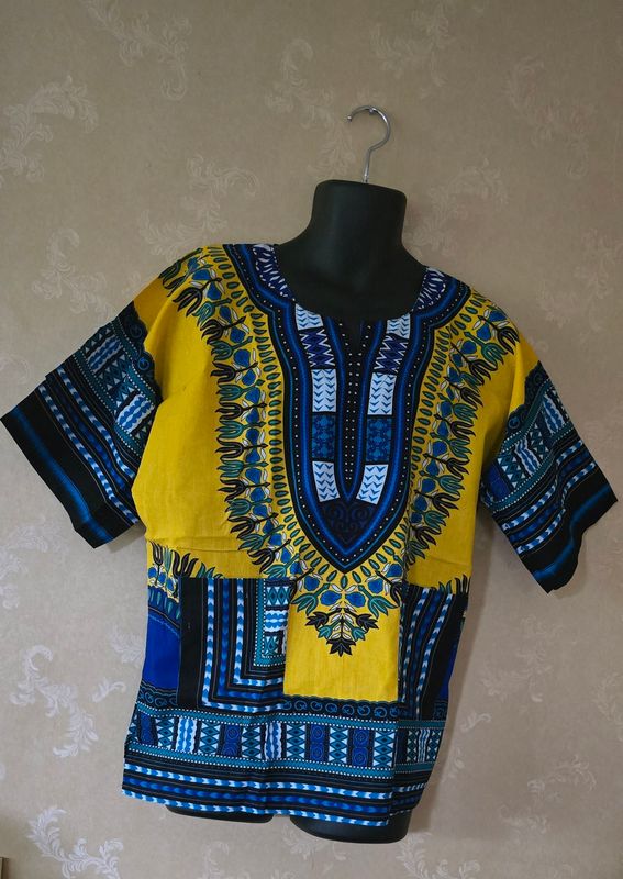 Dashiki Top - Yellow and mix Blue and White - Unisex -  Medium