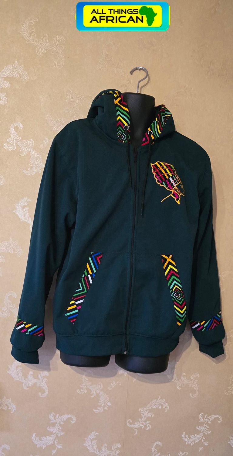 African Heritage Fusion Hoodie Jacket – Bold Kitenge Detail | XL - Dark Green - Vajaba