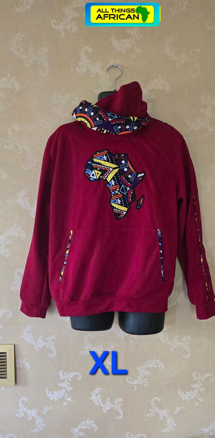 African Heritage Burgundy Snoodie – Kitenge Print Africa Design Hoodie | XL - Makoshi
