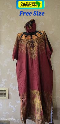 Burgundy &amp; Gold African Print Free-Size Dress with Matching Headpiece - Kachilo