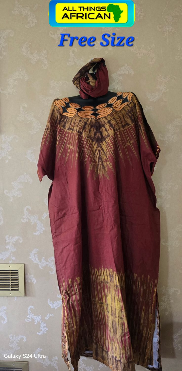 Burgundy &amp; Gold African Print Free-Size Dress with Matching Headpiece - Kachilo