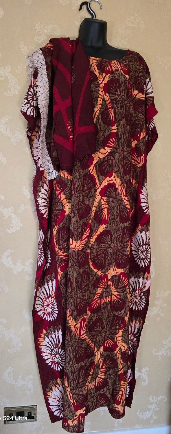 Filo Collection Somali Style Kaftan Dress | Maroon Batik Print + Lace Trim Headwrap - jamelito