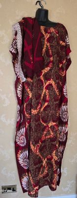 Filo Collection Somali Style Kaftan Dress | Maroon Batik Print + Lace Trim Headwrap - jamelito