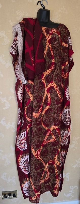Filo Collection Somali Style Kaftan Dress | Maroon Batik Print + Lace Trim Headwrap - jamelito