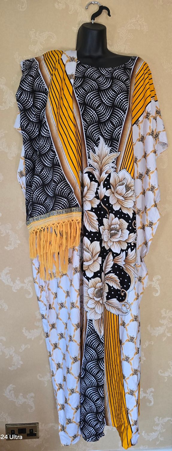 African Boho Maxi Kaftan Dress | Mustard Yellow Floral Patchwork Print | Free Size UK - Majaniela