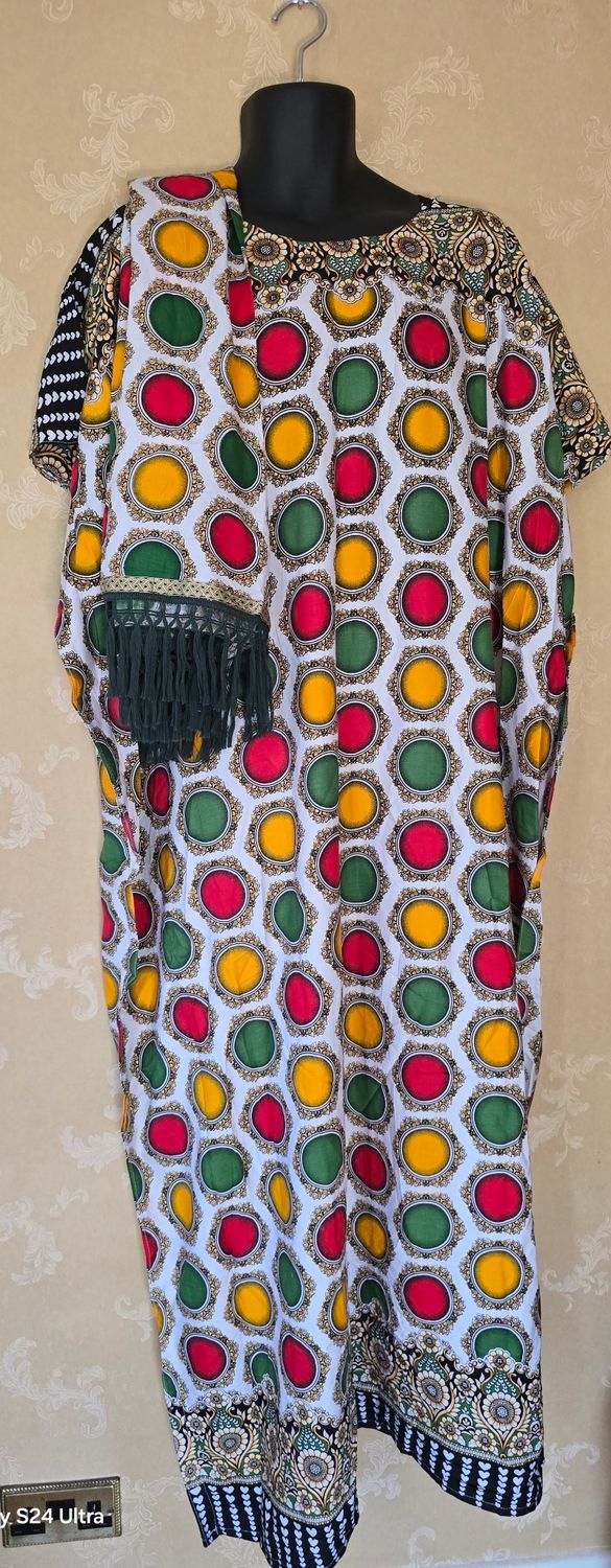 Somali Dirac Kaftan Dress &amp; Headwrap Set | White Polka Circle Print| Free Size | UK