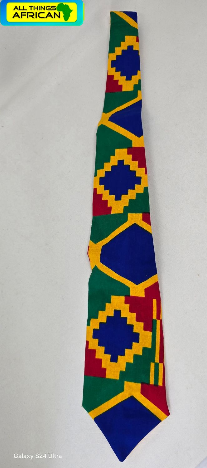African Geometric Celebration Tie – Bold Green, Blue &amp; Gold Print