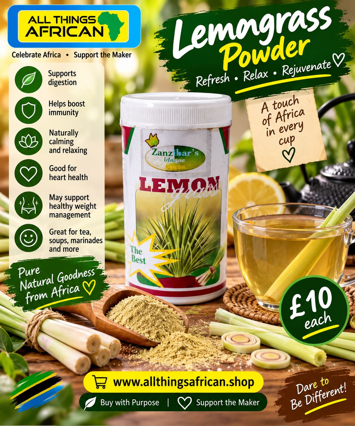 Zanzibar Lemongrass Powder | Natural African Spice for Tea &amp; Cooking | Tanzanian Spices UK