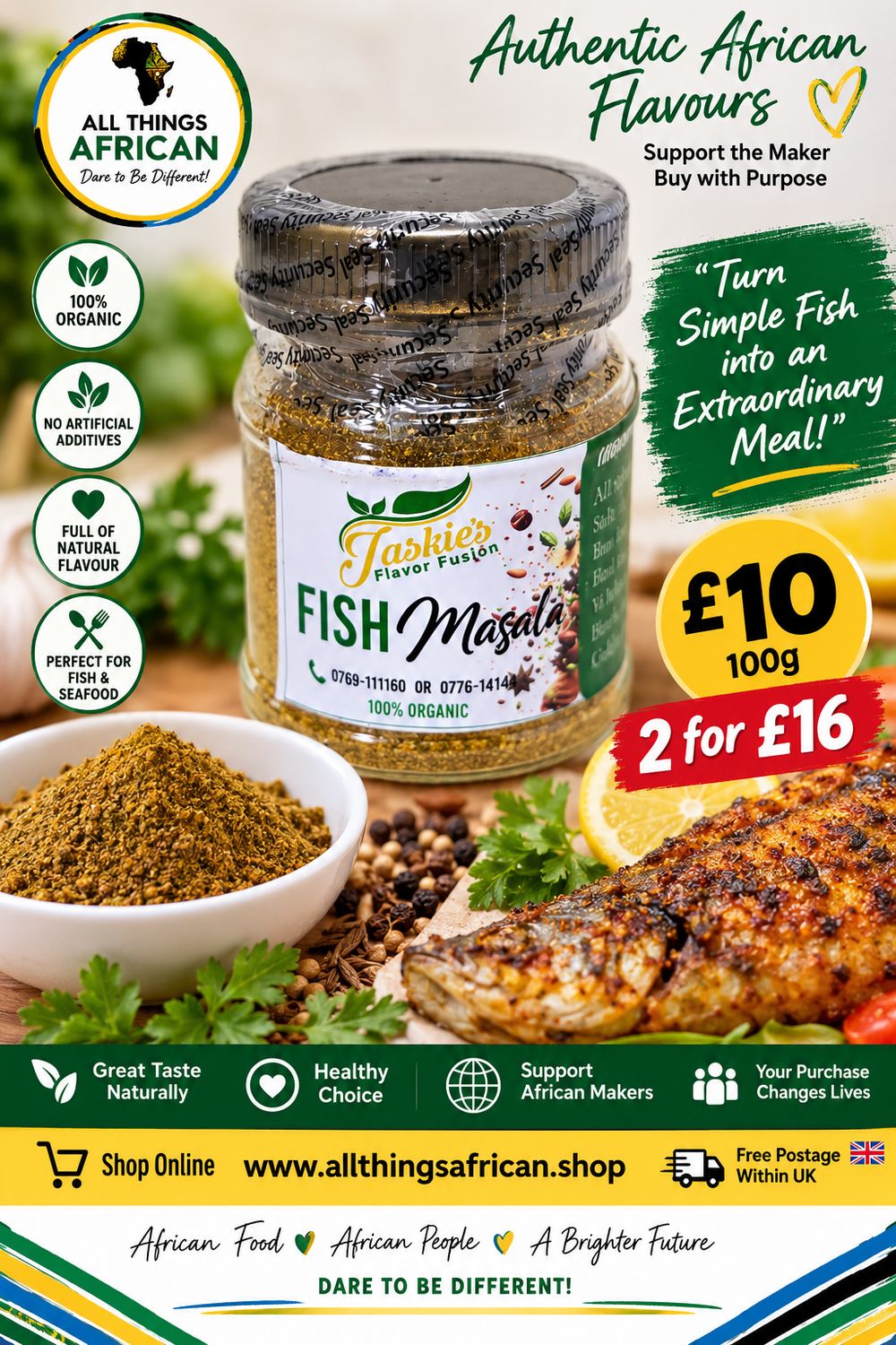 Jackie’s Fish Masala 100g | Organic African Fish Seasoning | Tanzanian Spice Blend | £10 or 2 for £16