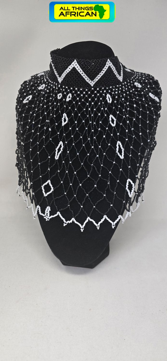 Handmade Black &amp; White African Beaded Statement Cape Necklace | Traditional African Jewellery- LAMENO
