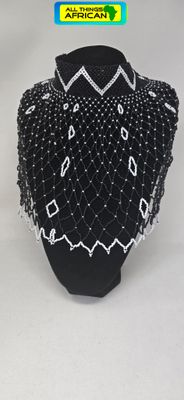 Handmade Black &amp; White African Beaded Statement Cape Necklace | Traditional African Jewellery- LAMENO