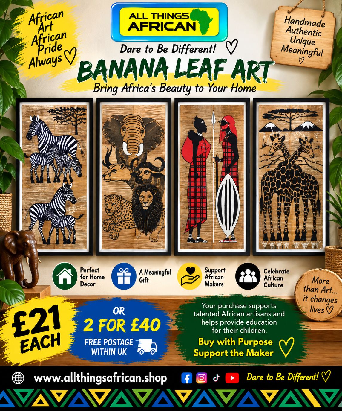 African Banana Leaf Wall Art 20cm x 41cm | Handmade African Wildlife &amp; Maasai Art | Ready to Hang-  Jashime