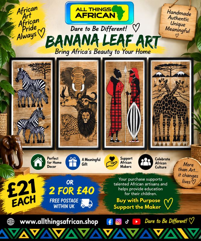 African Banana Leaf Wall Art 20cm x 41cm | Handmade African Wildlife &amp; Maasai Art | Ready to Hang-  Jashime