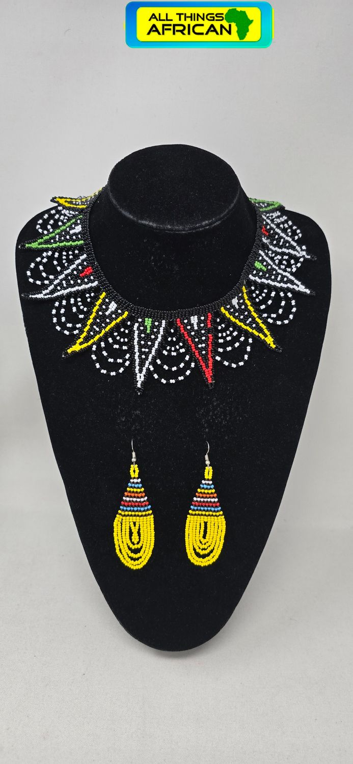 Handmade African Beaded Statement Necklace &amp; Earrings Set | Maasai Inspired Jewellery- Kalilo