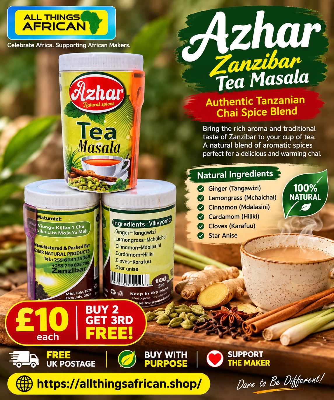 Azhar Zanzibar Tea Masala 100g | Authentic Tanzanian Chai Spice Blend | Buy 2 Get 1 FREE