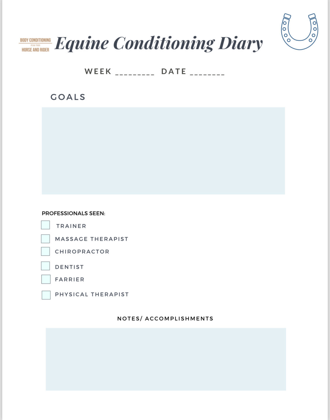 Printable Equine Conditioning Diary Printable Equine Conditioning Diary
