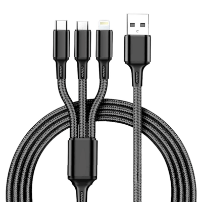 3 in 1 Braided Multi Charger Cable for Micro USB, Type C and iPhone iOS Devices Connector (1 M, Black)