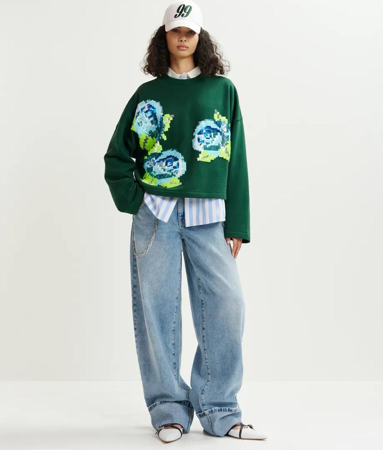 Sweatshirt Essentiel en coton bio vert foncé,bleu et vert clair à paillettes