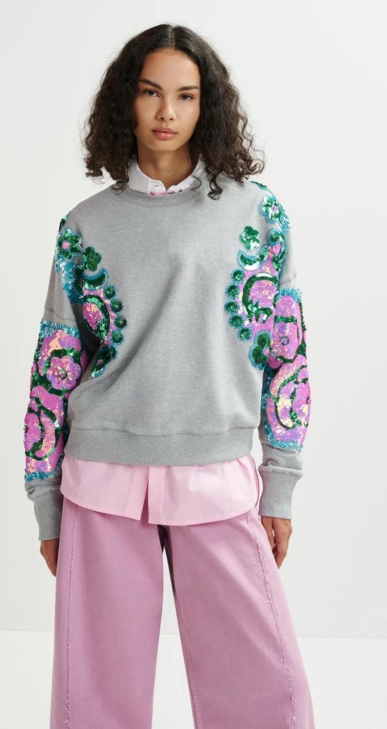 Sweatshirt Essentiel en coton bio gris, rose et bleu à manches brodées