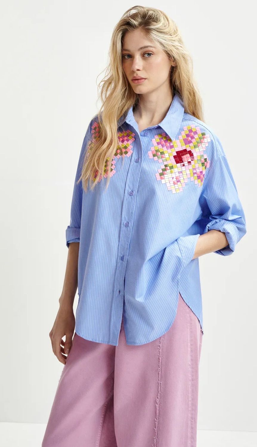 Chemise Essentiel bleu clair à fines rayures et paillette