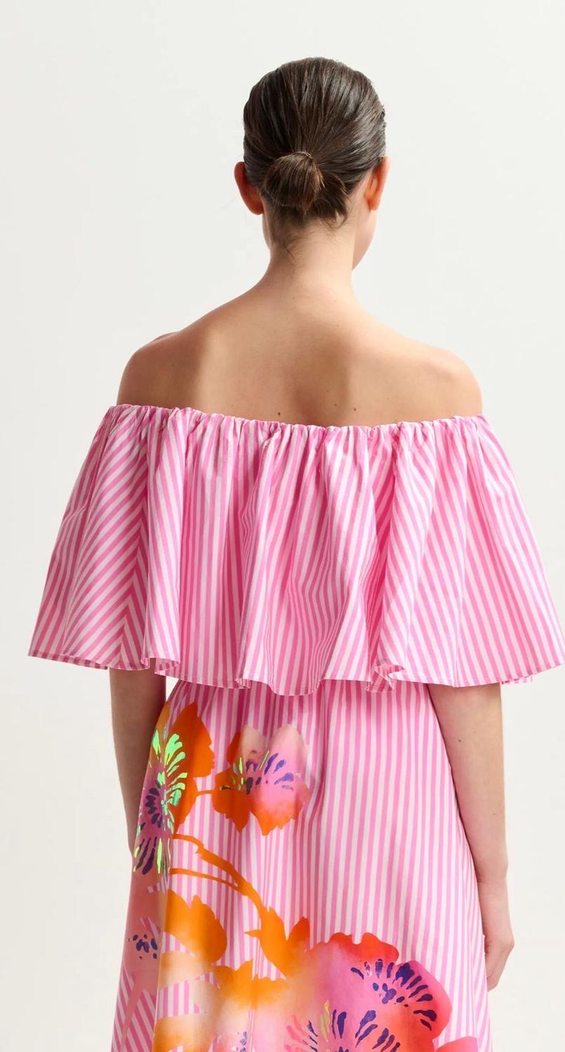 Blouse Essentiel à épaules dénudées et rayures rose et blanche
