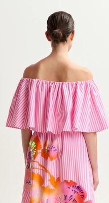 Blouse Essentiel à épaules dénudées et rayures rose et blanche
