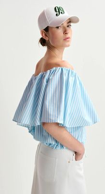 Blouse Essentiel à épaules dénudées à rayure blanche et bleue