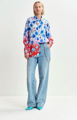 Chemise Essentiel en satin à imprimé fleuri bleue, rouge et blanche