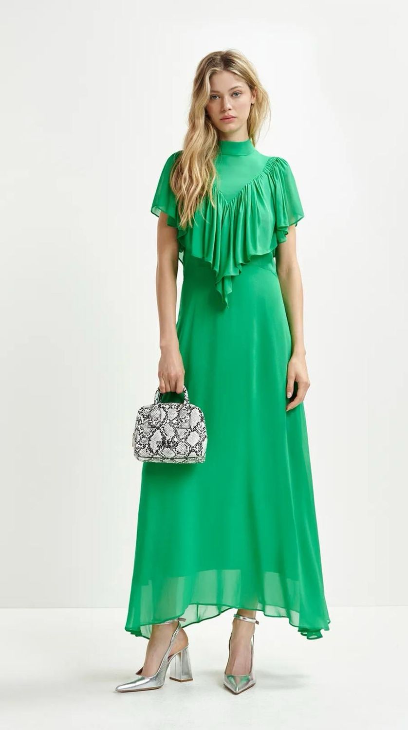 Robe Essentiel mi-longue asymétrique verte à volant