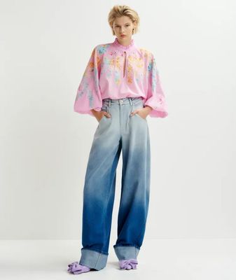 Chemisier Essentiel en coton rose clair, orange et bleu à broderies col mandarin