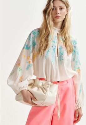 Chemisier Essentiel en coton blanc cassé, orange et rose à broderies et col mandarin
